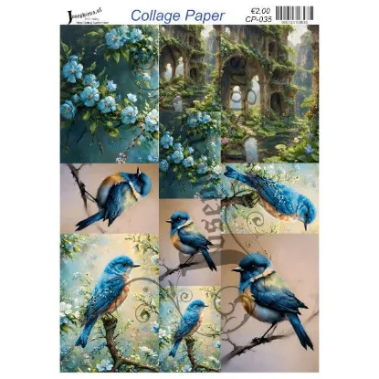 Afbeeldingen van Blauwe vogels en bloemen - Josephiena's collagepapier - CP-035