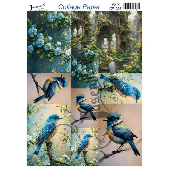 Afbeeldingen van Blauwe vogels en bloemen - Josephiena's collagepapier - CP-035