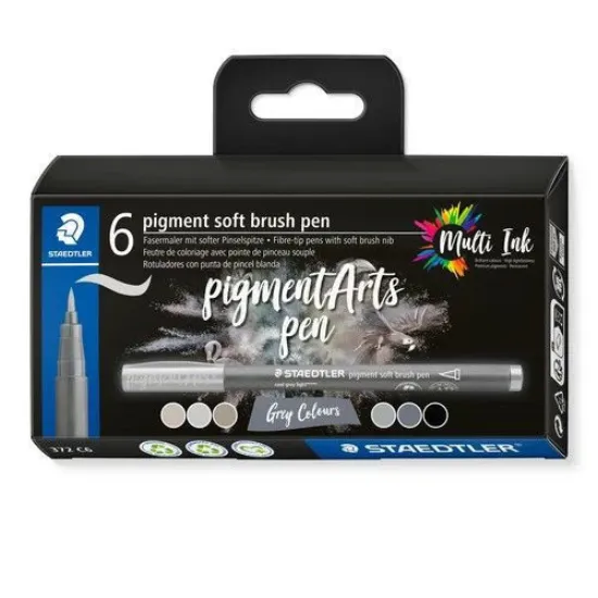 Afbeeldingen van Staedtler Pigment arts -soft brush -box 6st zwart-grijs 372 C6