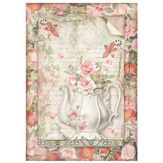Afbeeldingen van Stamperia A4 Rice Paper Casa Granada Teapot with Flowers