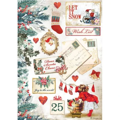 Afbeeldingen van Stamperia Rice Paper A4 Romantic Christmas Let it Snow Cards