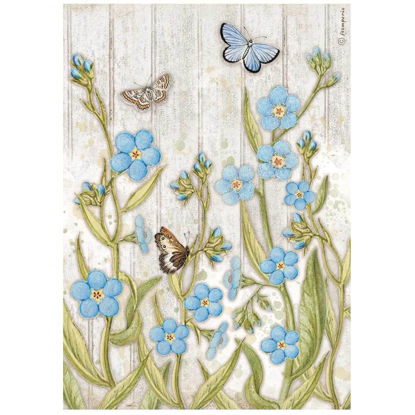 Stamperia A4 Rice Paper Romantic Garden House Blue Flowers and Butterfly