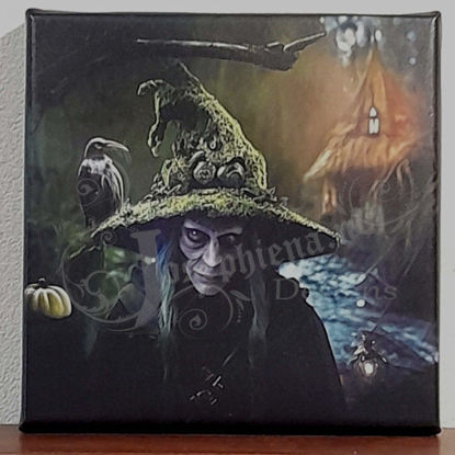 Uniek canvas schilderij van een boze heks in een donker bos met een raaf op haar schouder, klaar om op te hangen aan de muur.