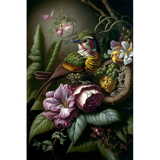 Afbeelding van Dit prachtige kunstwerk toont een kleurrijke vogel die op een boomtak zit.